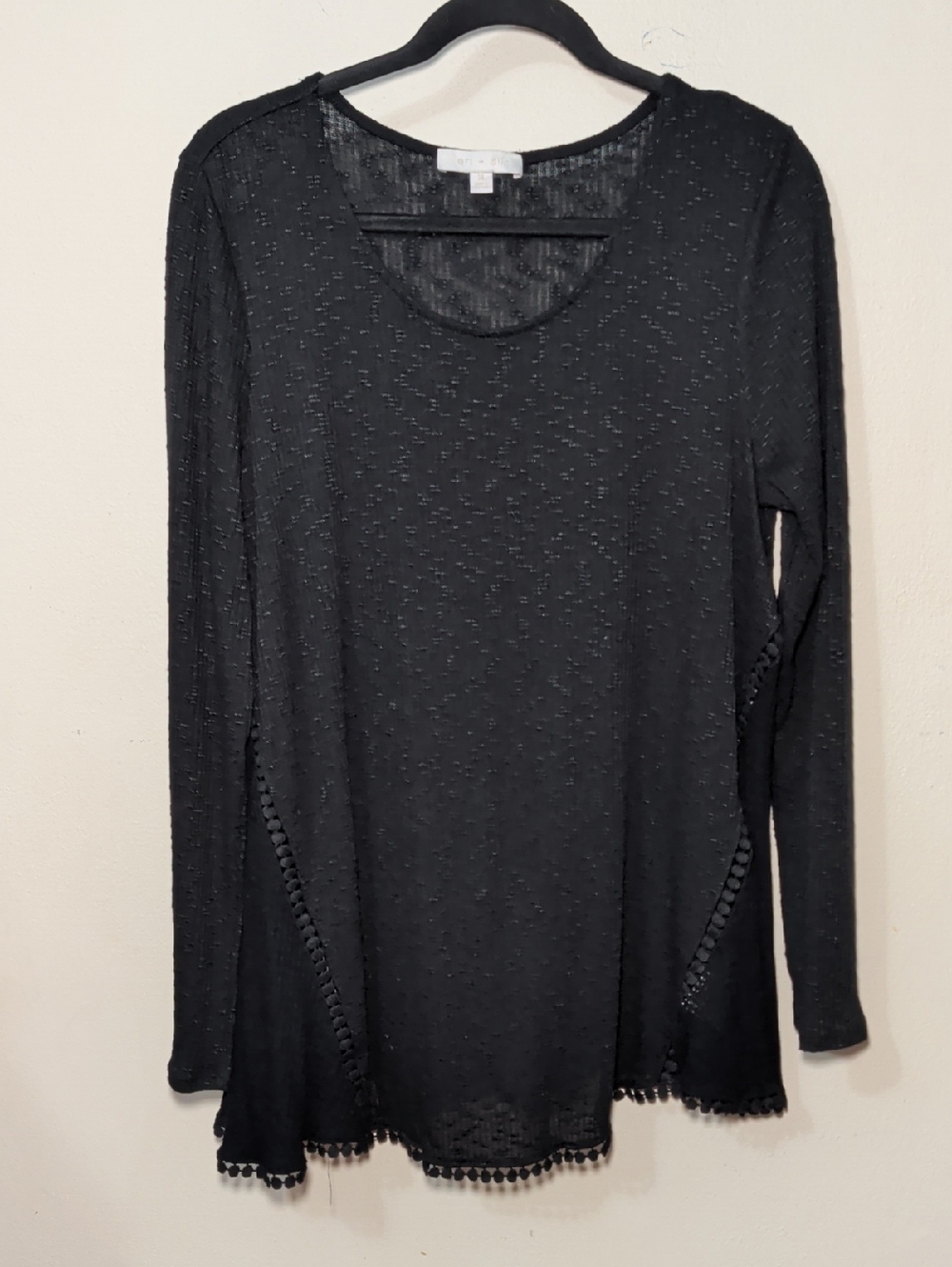 Eri & Ali Black Lightweight Sweater with Crochet Detail + Pom Trim Women Size XL